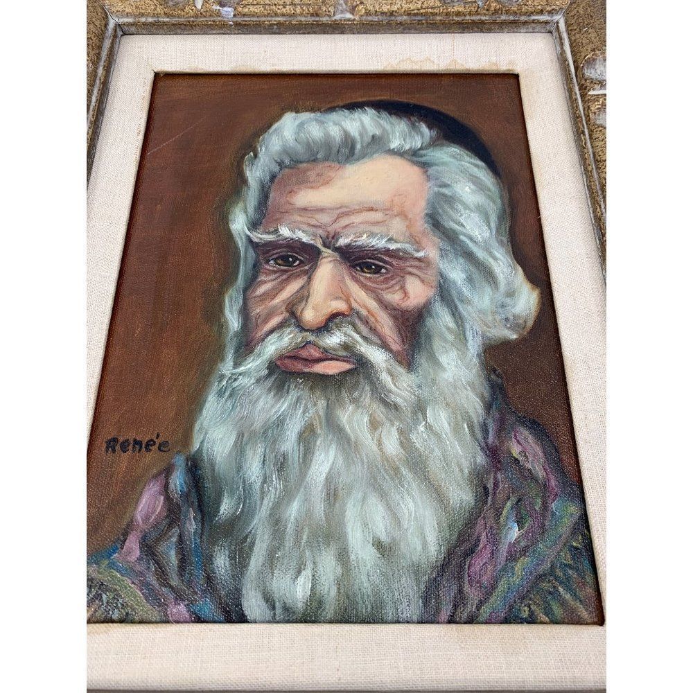 Oil Painting Jew Rabbi 17" x 20" Framed hand carved Vintage Signed 1030 Decore